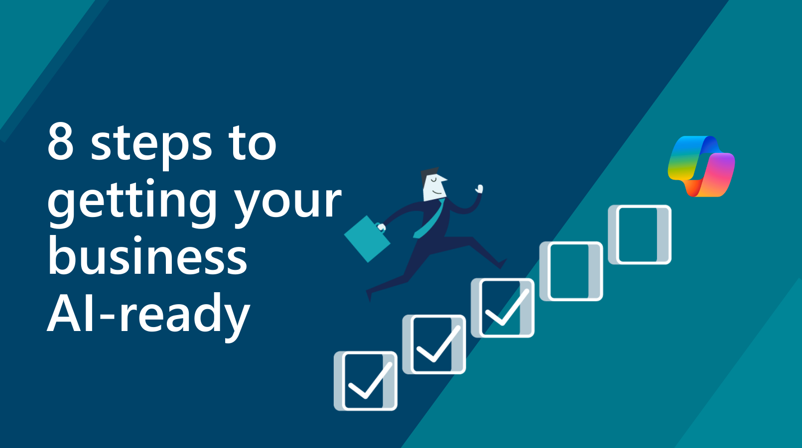 Blog thumbnail man running up steps to Microsoft Copilot logo