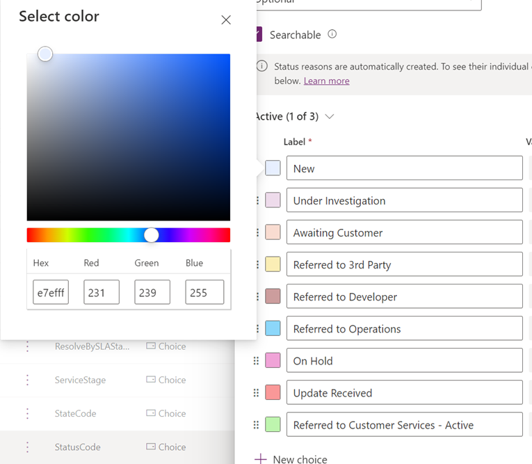 Screenshot showing the column status code for a case and the colour options in Dynamics 365 Business Central